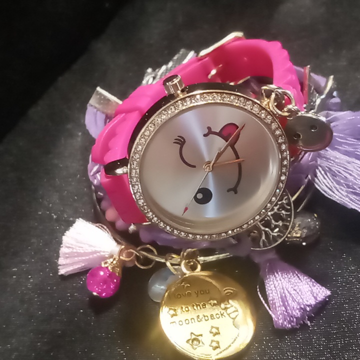 Justice Girls Lot Of Pink Watch With Silicone Band And Purple Bracelet Set